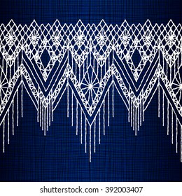 Floral seamless pattern with a fringe border knitted or woven macrame in boho style 