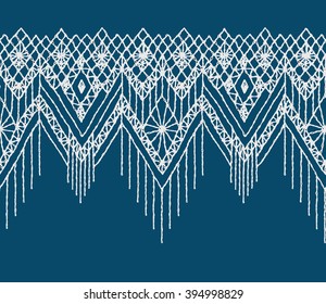 Floral Seamless Pattern With A Fringe Border Knitted Or Woven Macrame In Boho Style