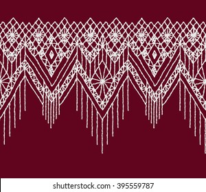 Floral seamless pattern with a fringe border knitted or woven macrame in boho style