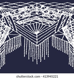 Floral seamless pattern with a fringe border knitted or woven macrame in boho style