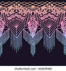 Floral seamless pattern with a fringe border knitted or woven macrame in boho style