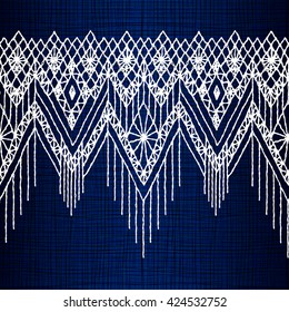 Floral seamless pattern with a fringe border knitted or woven macrame in boho style