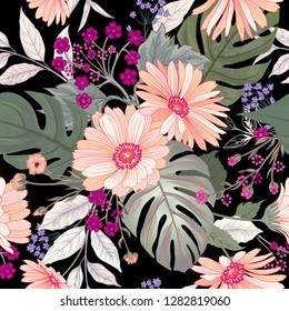 Floral seamless pattern. Garden Flower bouquet summer nature background. Flourish garden texture with flowers and leaves.