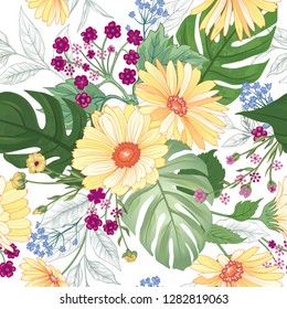 Floral seamless pattern. Garden Flower bouquet summer nature background. Flourish garden texture with flowers and leaves.