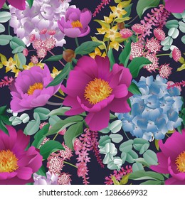 Floral seamless pattern. Garden flowers. Peonies, hydrangeas, Eucalyptus branches, foliage, herbs. Vector illustration. For fashion industry, interior decoration, paper, wallpaper. Victorian. Vintage