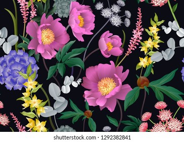 Floral seamless pattern. Garden flowers. Peonies, hydrangeas, Eucalyptus branches, foliage, herbs. Vector illustration. For fashion industry, interior decoration, paper, wallpaper. Victorian. Vintage