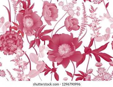 Patrón floral sin fisuras. Flores de jardín. Peonías, hortensias, ramas de eucalipto, follaje, hierbas. Ilustración vectorial. Para la industria de la moda, la decoración interior, el papel, el papel pintado. Victoriano. Vintage