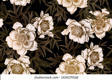 Floral seamless pattern. Garden flowers peonies and leaves. Black and print gold foil. Vector illustration. Hand realistic drawing. Vintage. Background to create paper, wallpaper, summer textile.