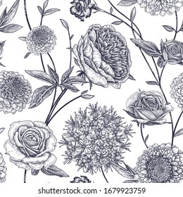 Floral seamless pattern. Garden flowers peonies, branches and leaves. Black and white vector illustration. Hand drawing. Vintage. Decorative background to create paper, wallpaper, summer textile.