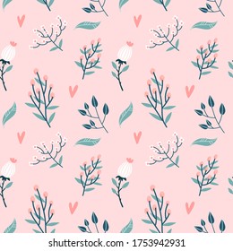 Floral seamless pattern. Garden flowers branches, buds and hearts on pastel pink background. Roses blossom bud with leaves and wildflowers twigs decorative backdrop. Vector flat illustration