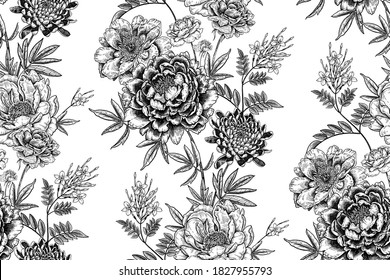 Floral seamless pattern. Garden flowers with branches and leaves. Black graphics on a white background. Peonies, chrysanthemums, jasmine and roses. Vector illustration. Vintage engraving.