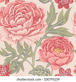 Floral seamless pattern garden flowers peonies. Vector. Design for fabrics, textiles, wallpaper, paper. Victorian style.