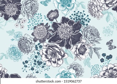 Floral seamless pattern. Garden peonies, leaves, butterfly, decorative branches, and different plants and small flowers. Pastel blue and black color. Vector illustration.