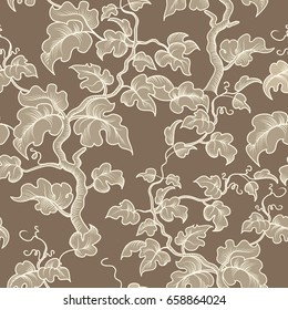 Floral seamless pattern. Garden plant branch, leaves. Flourish engraving retro background.