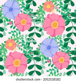 Floral seamless pattern with garden and wild flowers brunch bouquet. Print with various blooming plants with stems and leaves. Vector in flat naive style. 