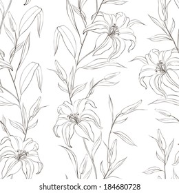 Floral seamless pattern with gentle lily flowers. Vector illustration.