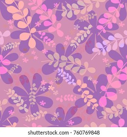 Floral seamless pattern in gentle pink tones. Leaves, grass, flowers, vector illustration
