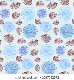 Floral seamless pattern with gentle scratched blue roses and brown leaves. Romantic retro pastel flowers texture for textile, wrapping paper, surface, wallpaper, background, package