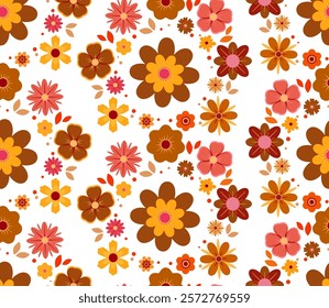 Floral seamless pattern of geometric bright flowers, top view. Flower icon, simple flowers in doodle style. Children's, girly illustration print on textiles, packaging, wallpaper, fabric.