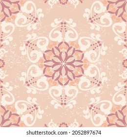 Floral seamless pattern. Geometric damask patterned background. Pink, beige color. For fabric, tile, wallpaper or packaging. Vector graphics.