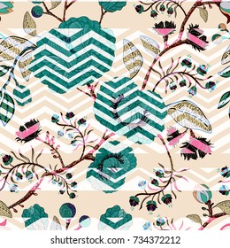 Floral seamless pattern with geometric ornament. Decorative flowers, lines, zig zag