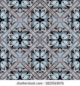 Floral seamless pattern. Geometric ornamental vector background. Waffle repeat backdrop. Vintage colorful flowers, leaves. Abstract greek style ornament. Tribal ethnic abstract design. Grunge texture.