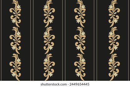Floral Seamless pattern with Geometric Straight lines in modern Baroque style. Aesthetic Wall Print design. Wallpaper print Design. Vintage vector ornament on black background. Editable stroke