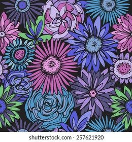 Floral seamless pattern. Gerbera daisies roses dahlias are combined in beautiful colors. Can be used curtains, wallpaper, pattern fills, web page background, surface textures. 