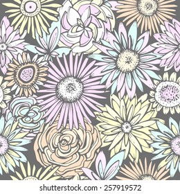 Floral seamless pattern. Gerbera daisies roses dahlias are combined in beautiful colors. Can be used curtains, wallpaper, pattern fills, web page background, surface textures. 