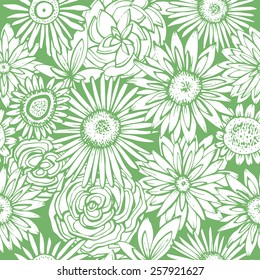 Floral seamless pattern. Gerbera daisies roses dahlias are combined in beautiful colors. Can be used curtains, wallpaper, pattern fills, web page background, surface textures. 