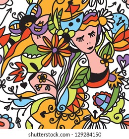 Floral seamless pattern with girl face in color