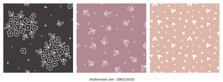 Floral seamless pattern for girl's clothing or fabric print in neutral pastel colours. Hand-drawn flowers on brown background with hearts, tiny leaves and spot coordinating repeat designs set.