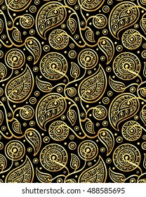 Floral seamless pattern in gold and black colors. Oriental design element. Boho style vector illustration. 