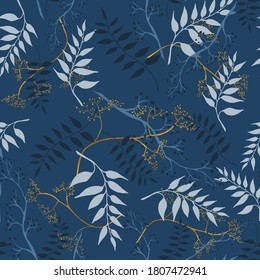 Patrón floral sin costuras con hojas de oro y azul. Ilustración del vector