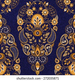 Floral seamless pattern. Gold and blue background with decorative elements