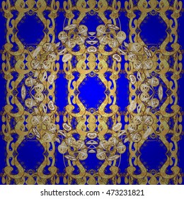 Floral seamless pattern. Gold and blue background with decorative elements