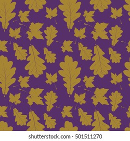 Floral seamless pattern with gold maple and oak leaves on purple. Autumn background with natural grunge tree foliage, petals for wrapping paper. Vector illustration.