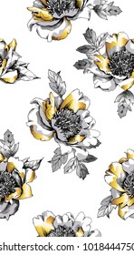 Floral seamless pattern with a gold Peony flowers and leaves on a white background. Vector illustration.