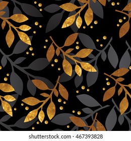 Floral seamless pattern with gold texture leafs on black background. Vector illustration.