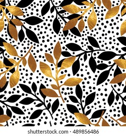 Floral seamless pattern with gold texture leafs and dots. Vector illustration.