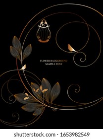 Floral seamless pattern with golden abstract leaves and with a bird cage. Vector illustration.