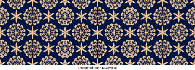 Floral seamless pattern. Golden design on long dark blue background
