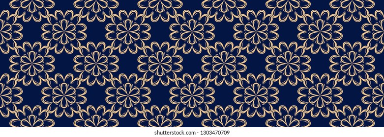 Floral seamless pattern. Golden design on dark blue background