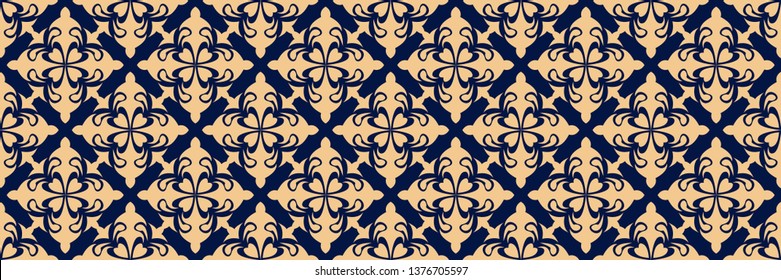 Floral seamless pattern. Golden design on dark blue background