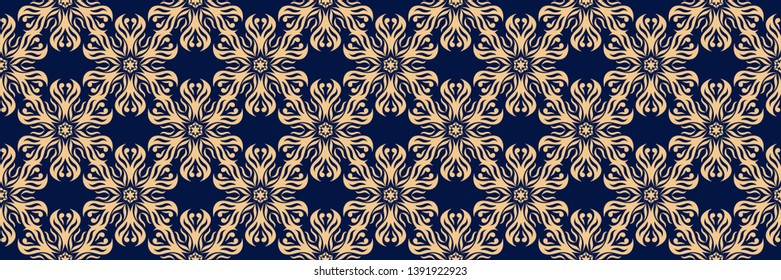 Floral seamless pattern. Golden design on long dark blue background