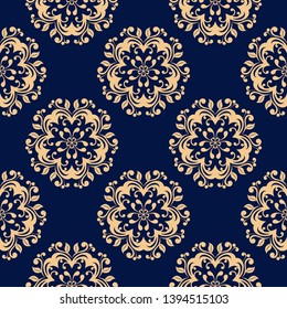 Floral seamless pattern. Golden design on deep blue background
