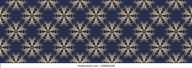 Floral seamless pattern. Golden design on dark blue background. Vector illustration