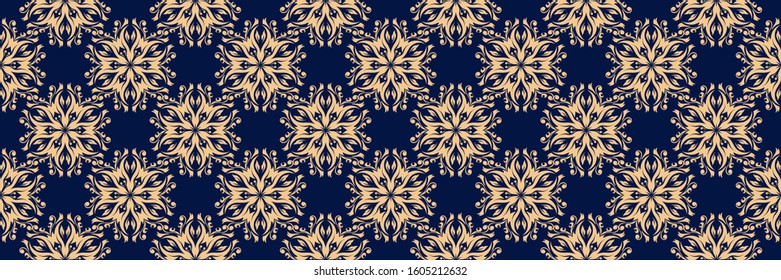Floral seamless pattern. Golden design on dark blue background. Vector illustration