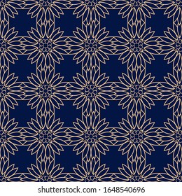Nahtloses Muster ohne Blumen. Goldenes Design auf dunkelblauem Hintergrund. Vektorillustration