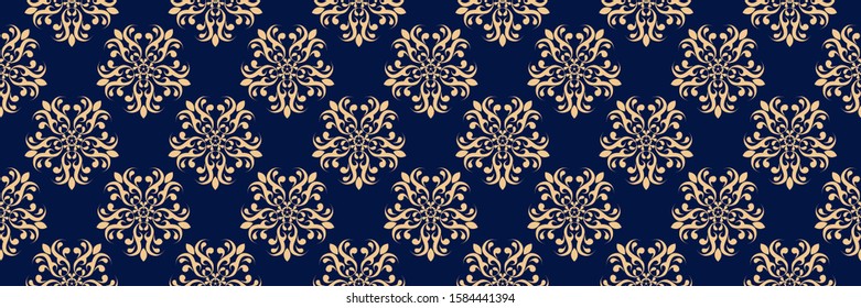 Floral seamless pattern. Golden flowers on dark blue background. Vector illustration